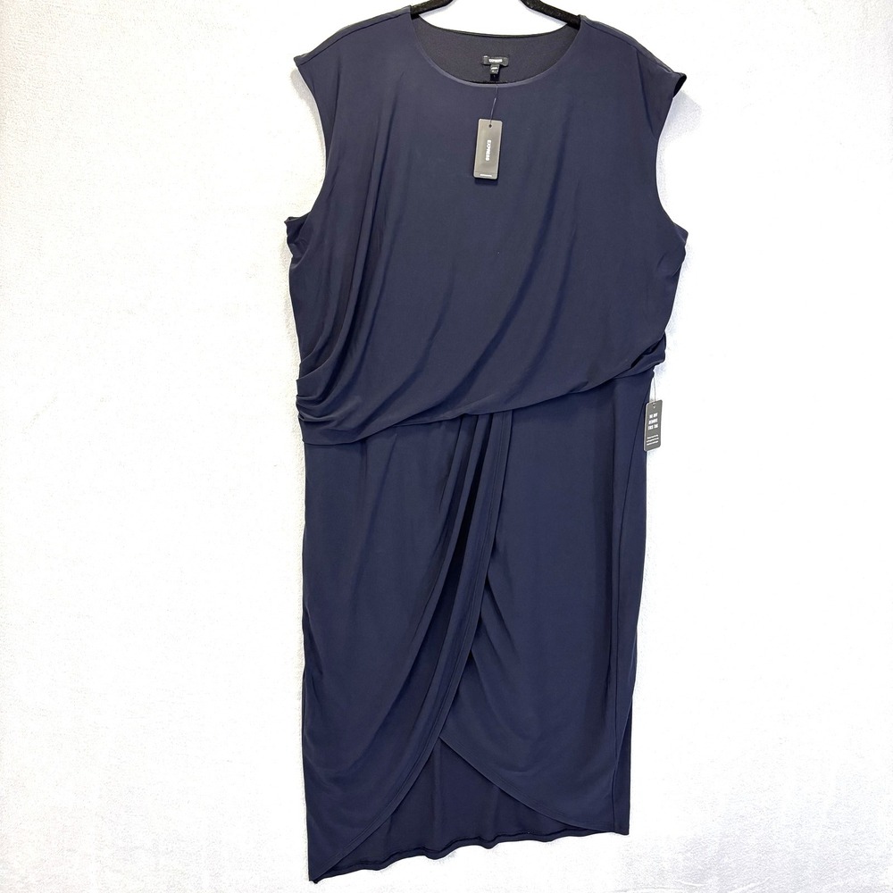 NWT Express Asymmetrical Midi Dress XL Navy‎ Blue Ruched Sheath Jersey Party